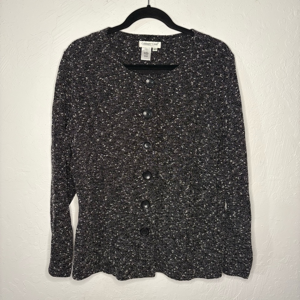 Coldwater Creek Boucle Jacket Top Sz XL Long Sleeve Black White Buttons Pleats
